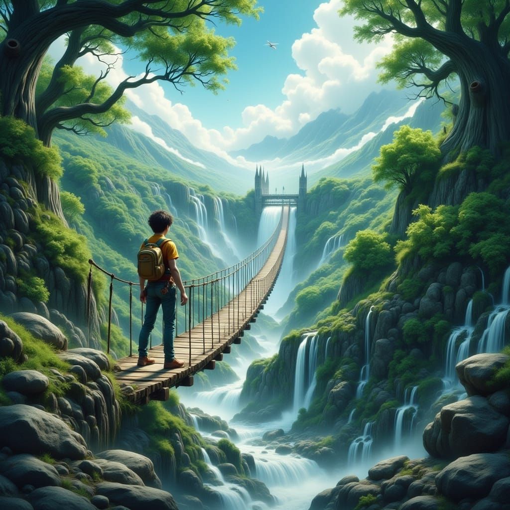 Suspension Bridge Odyssey in Vibrant Anime Style