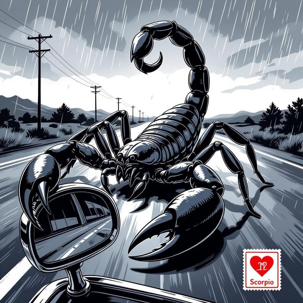Black Scorpion Close-Up: Detailed Illustration on Route 66