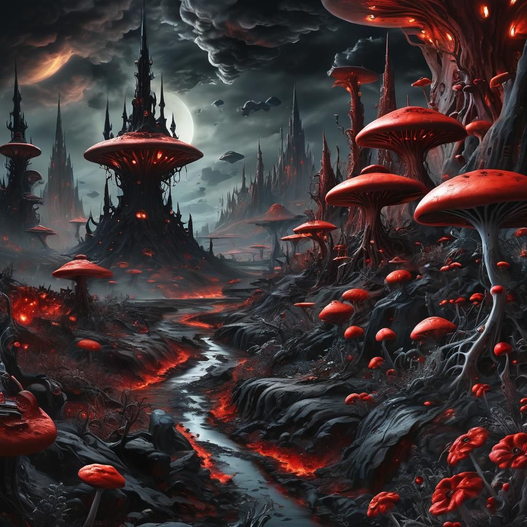 Crimson Alien City Vista as Oil Painting