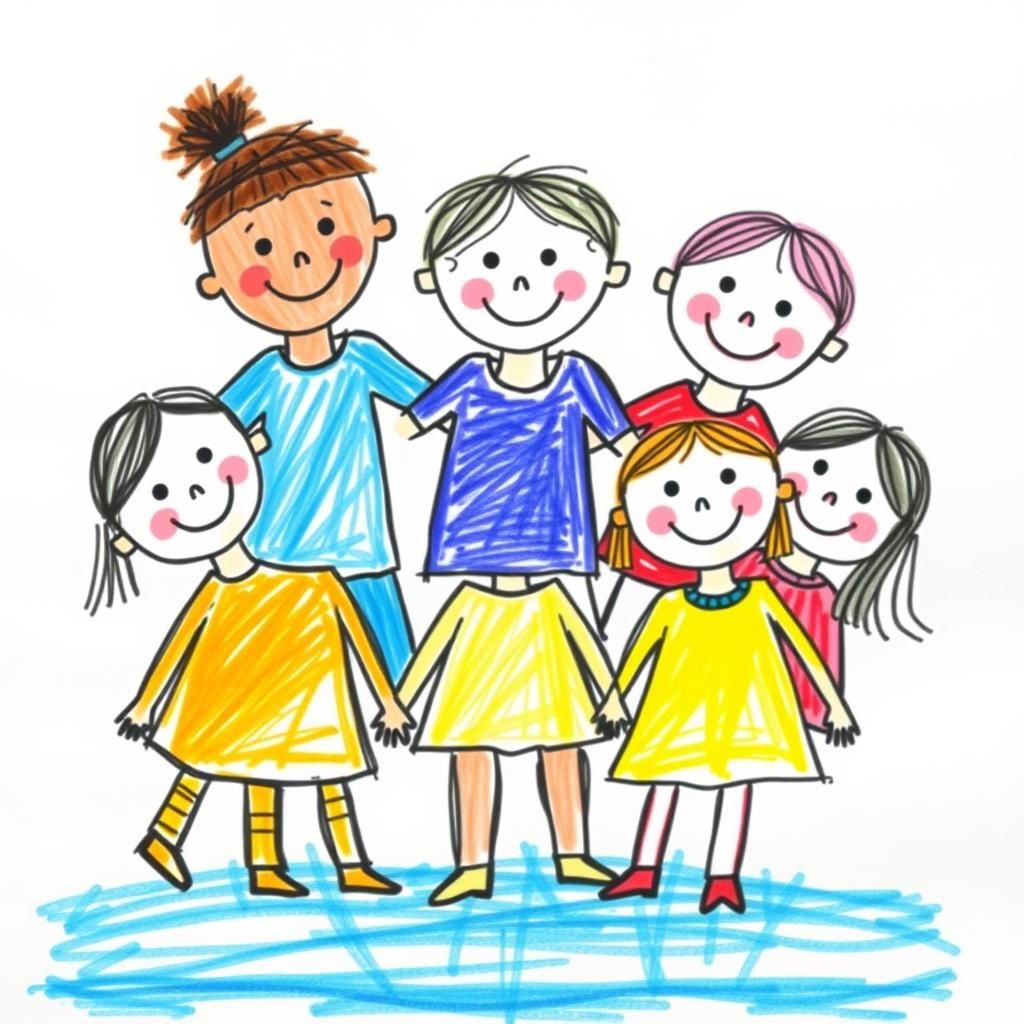 Children Holding Hands in Naive Drawing Style