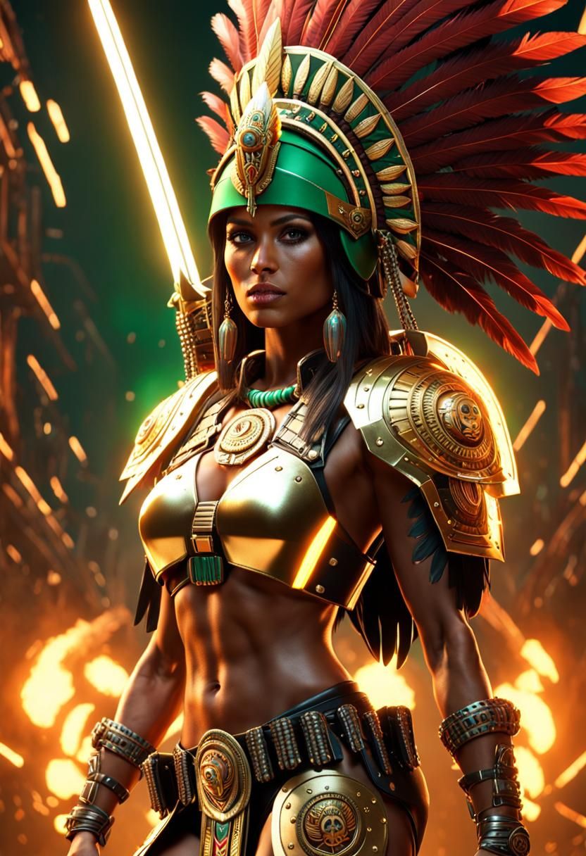 Aztec Warrior Woman in Cyberpunk Sci-Fi Armor