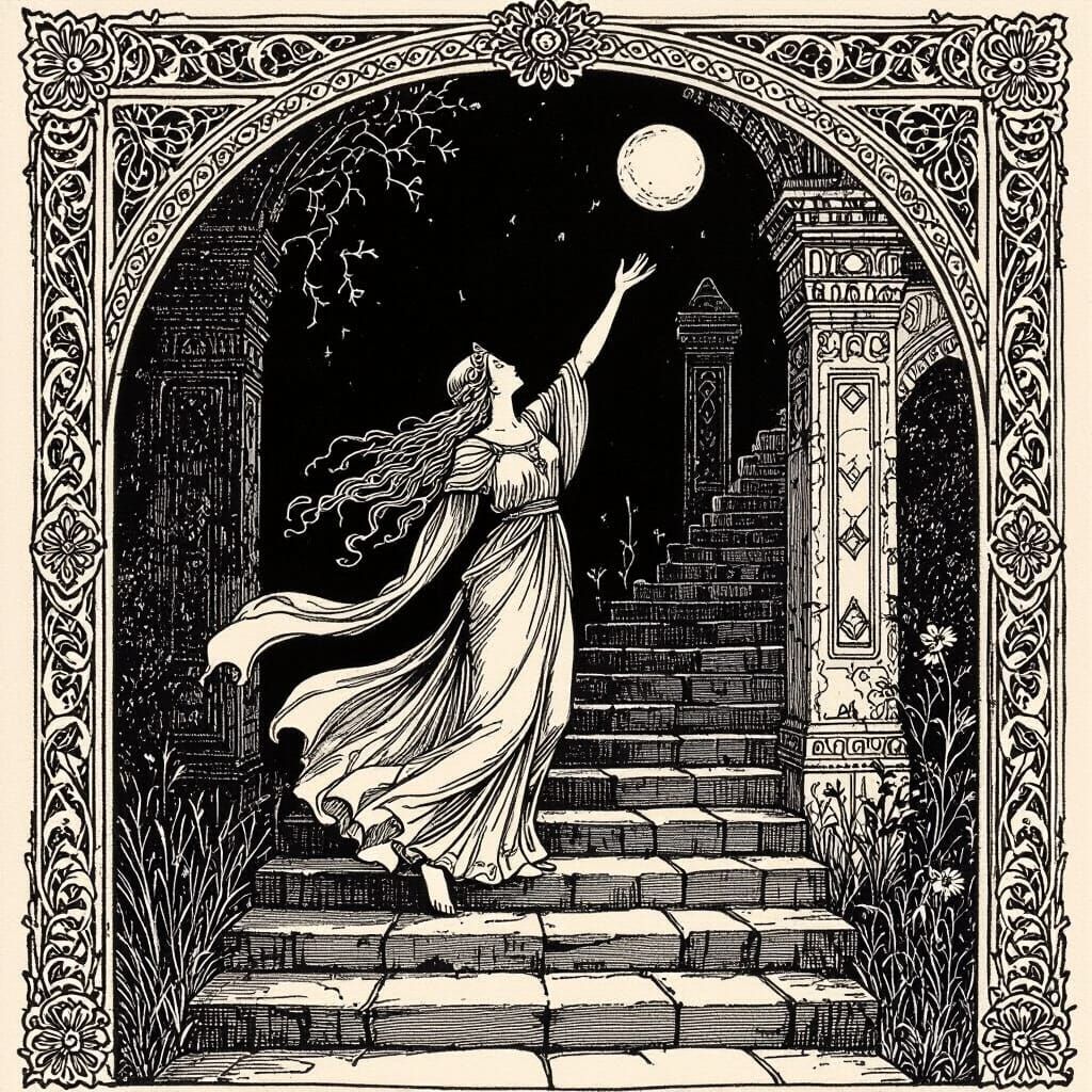 Mystical Goddess Beckons to Temple, Pen and Ink