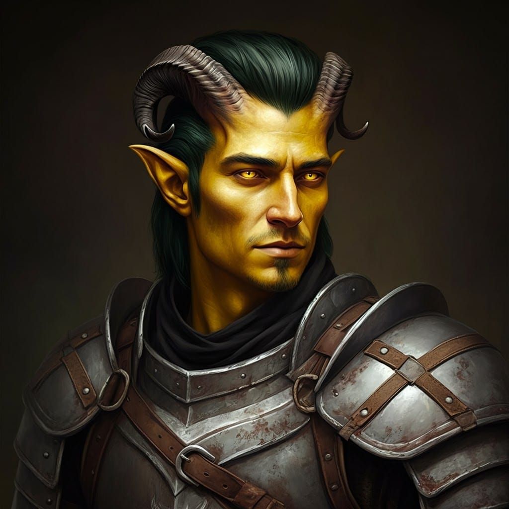 Tiefling Cleric in Grey Iron Armor: Detailed Matte Painting