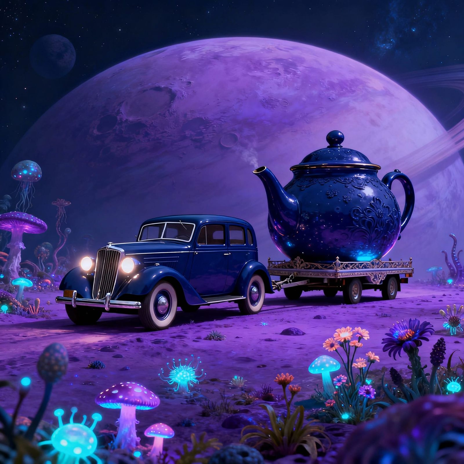 Midnight Blue Car Delivers Giant Teapot on Alien Planet