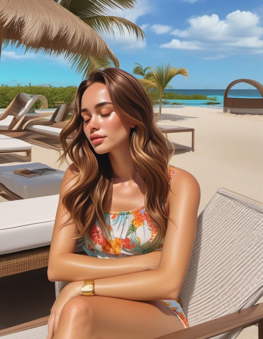 Beautiful Woman Relaxing by Pool: Cartoon Art