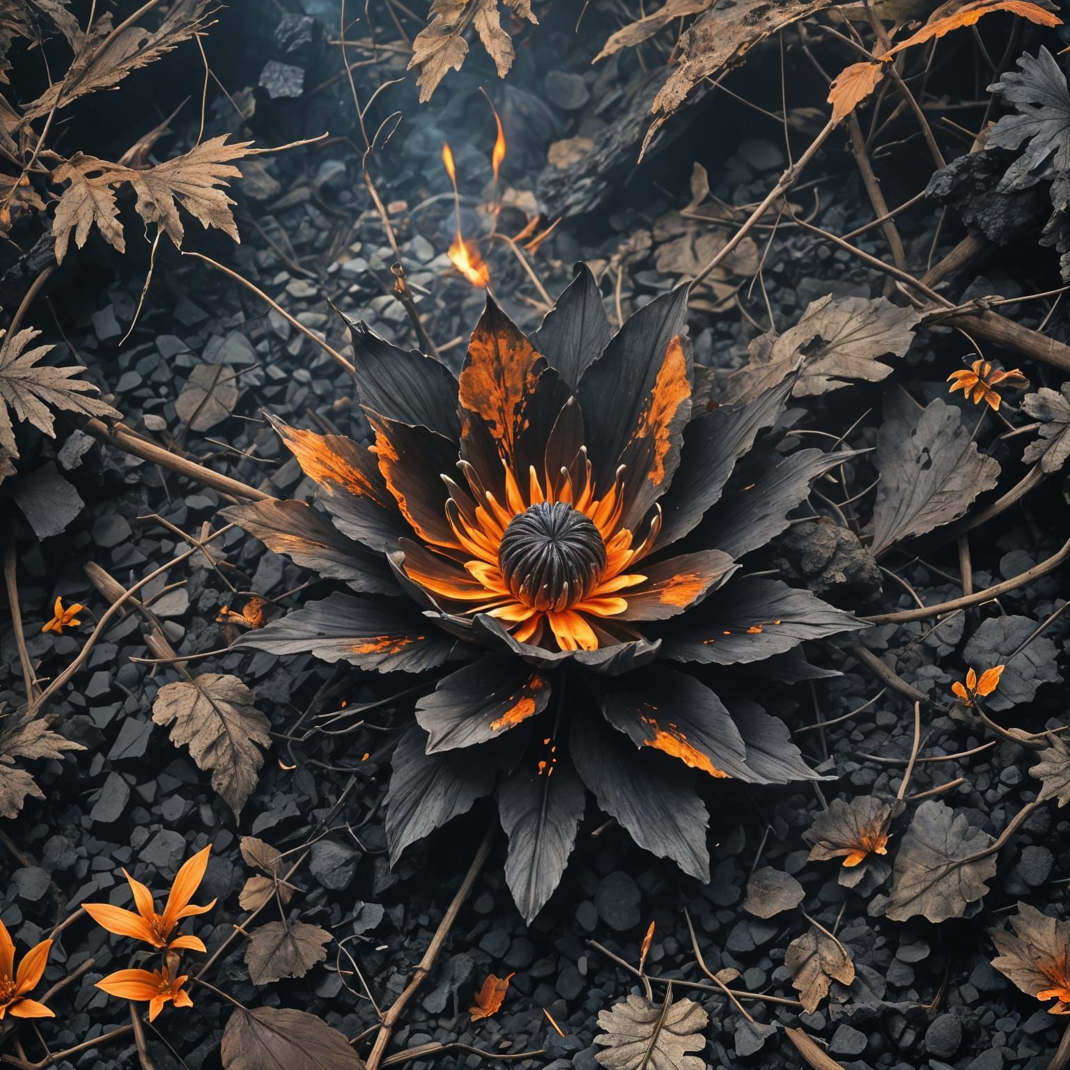 Glowing Coal Flower Amidst Forest Embers