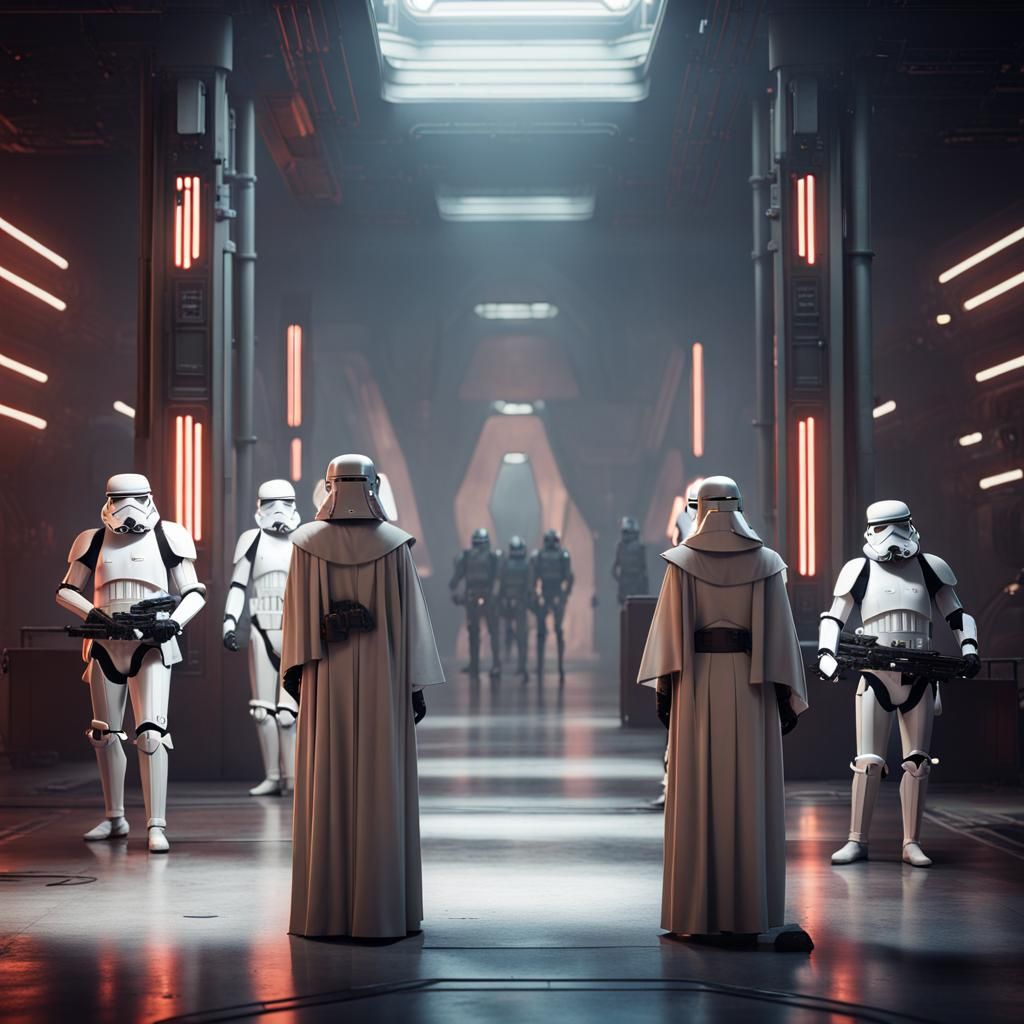 Jedi Warrior Guarded by Robot Stormtroopers in Detention Win...