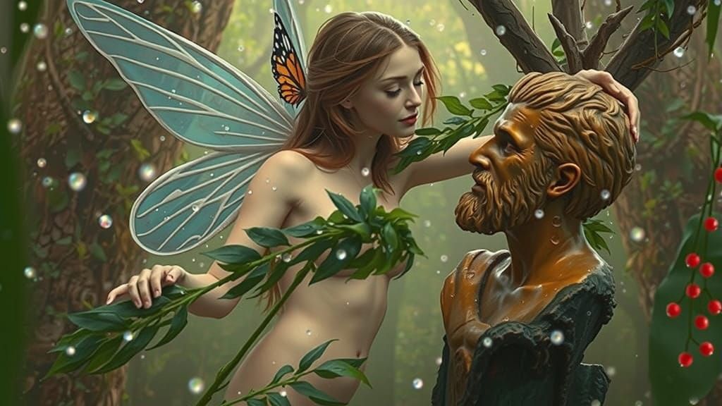 Fairy Women and Wooden Man Statue in Mystical Forest