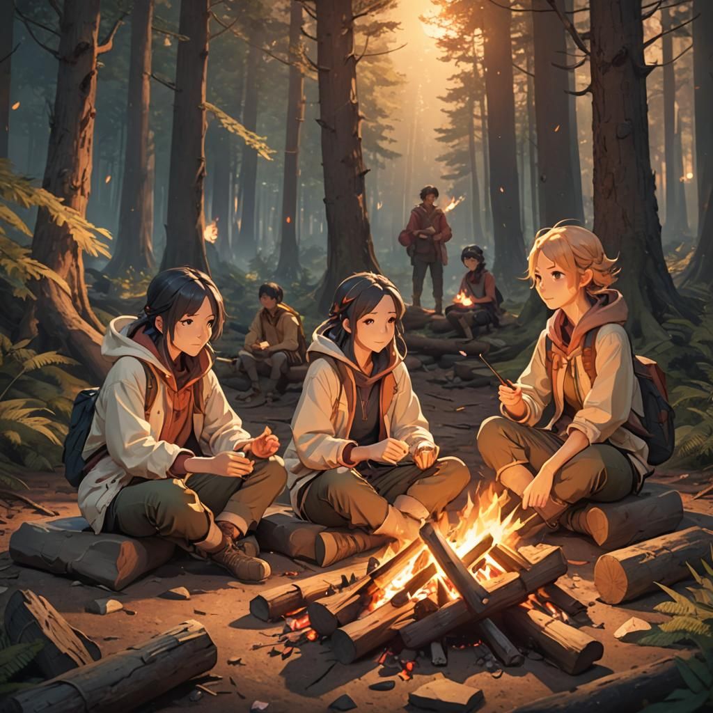 Anime Campfire Scene with Intricate Textures