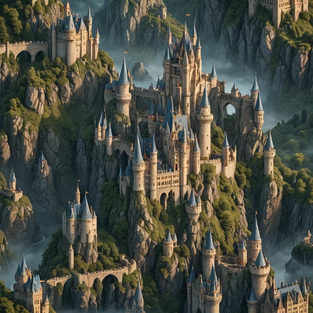 Fantasy Landscape with Castles and Mythical Creatures