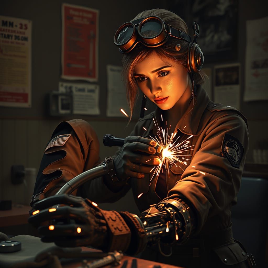 Dieselpunk Medic Repairs Cyborg Soldier