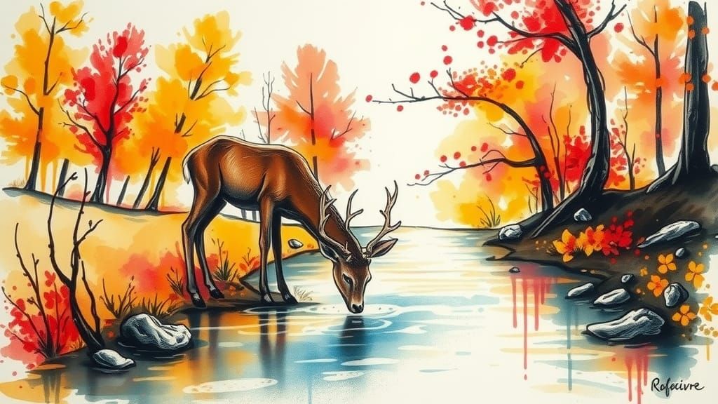 Autumn Forest Deer: Ink Drawing with Aquarelle