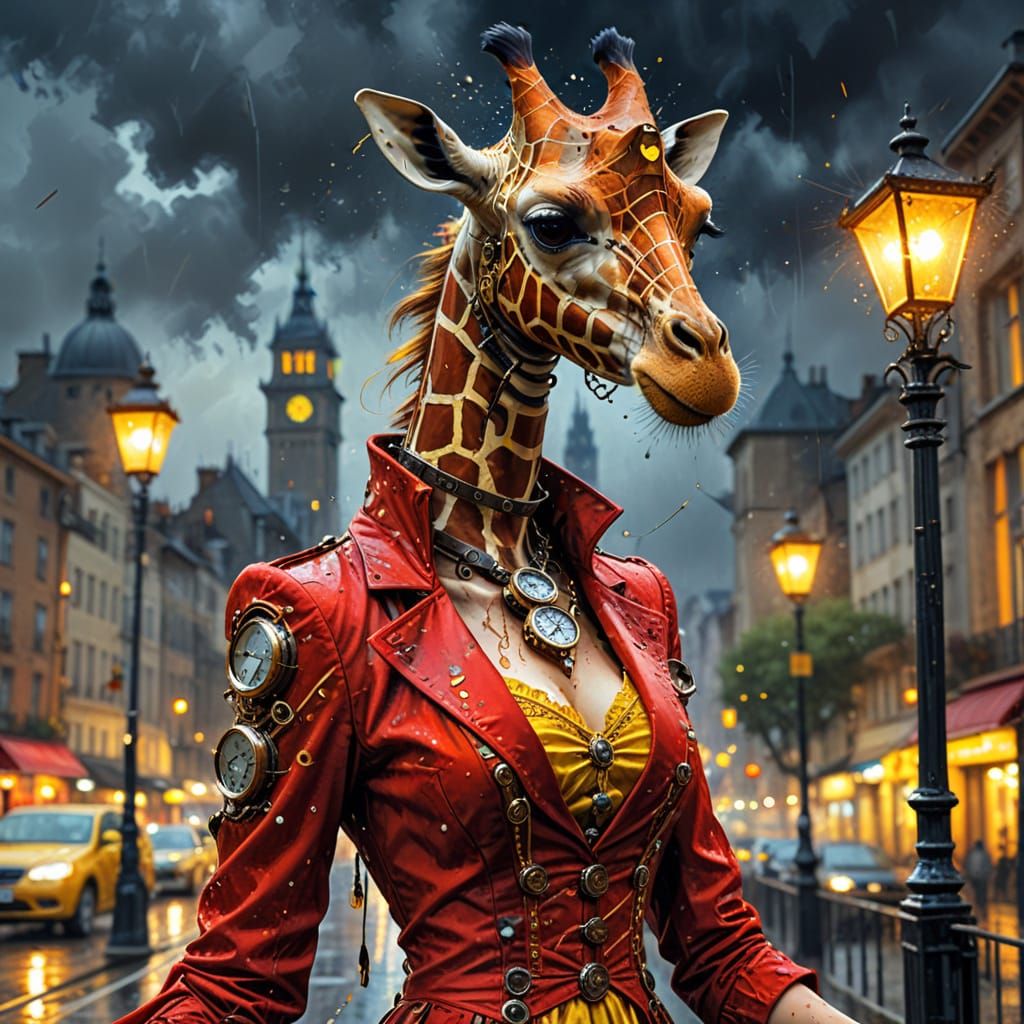 Steampunk Giraffe in Red Dress, Vivid City Night