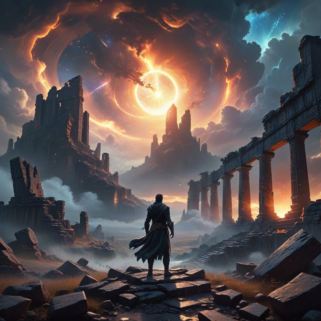 Wanderer in Ruined City with Cosmic Nebula