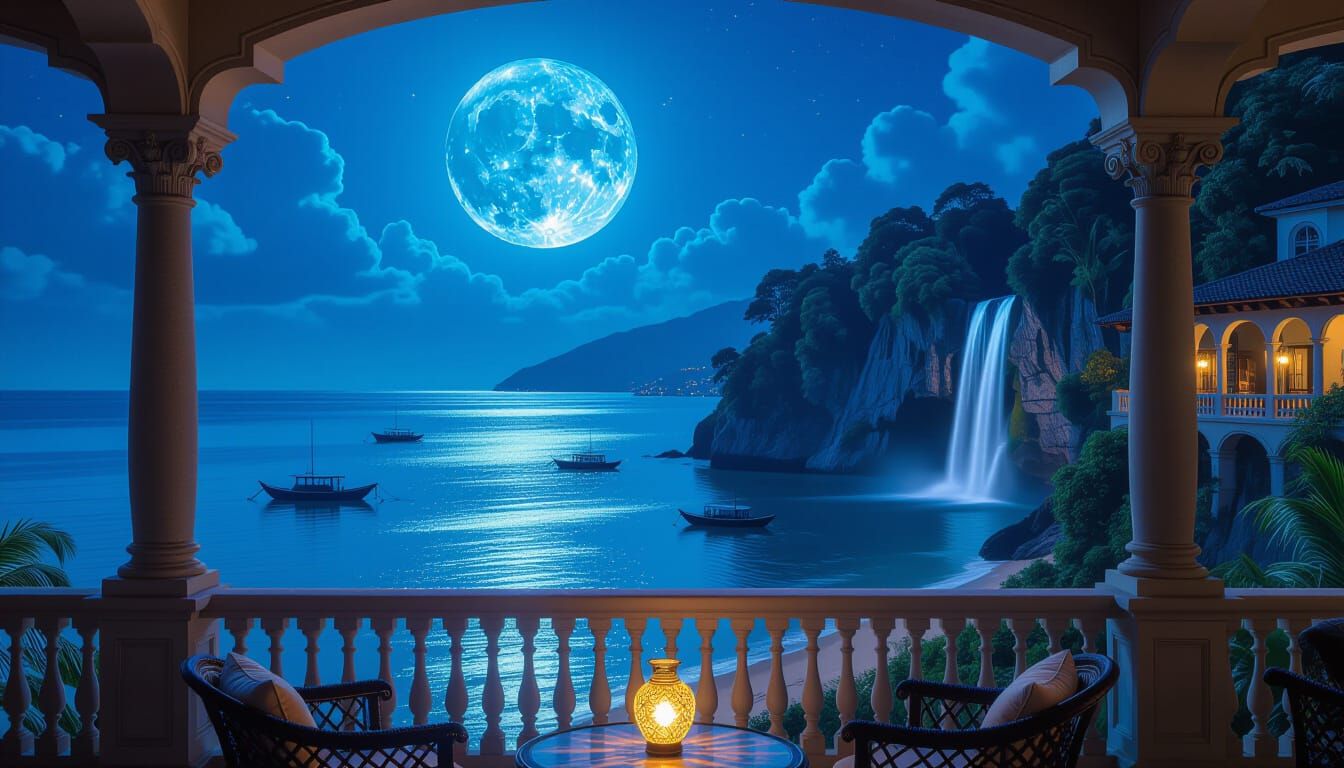 Tropical Coastline Under a Glowing Blue Moon