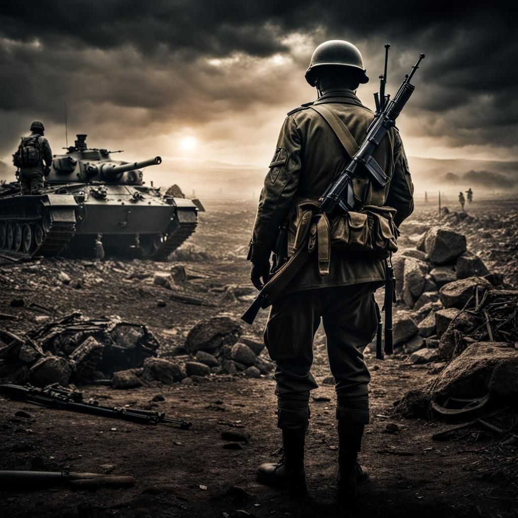 Hyperrealistic Man Awaits Enemies on Battlefield