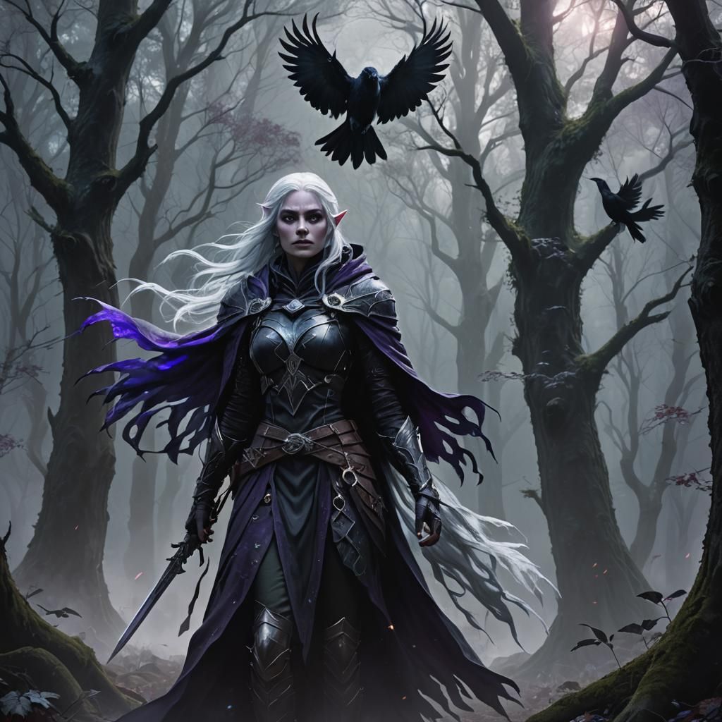 Drow Elf Cleric in Mystical Dark Fantasy Forest