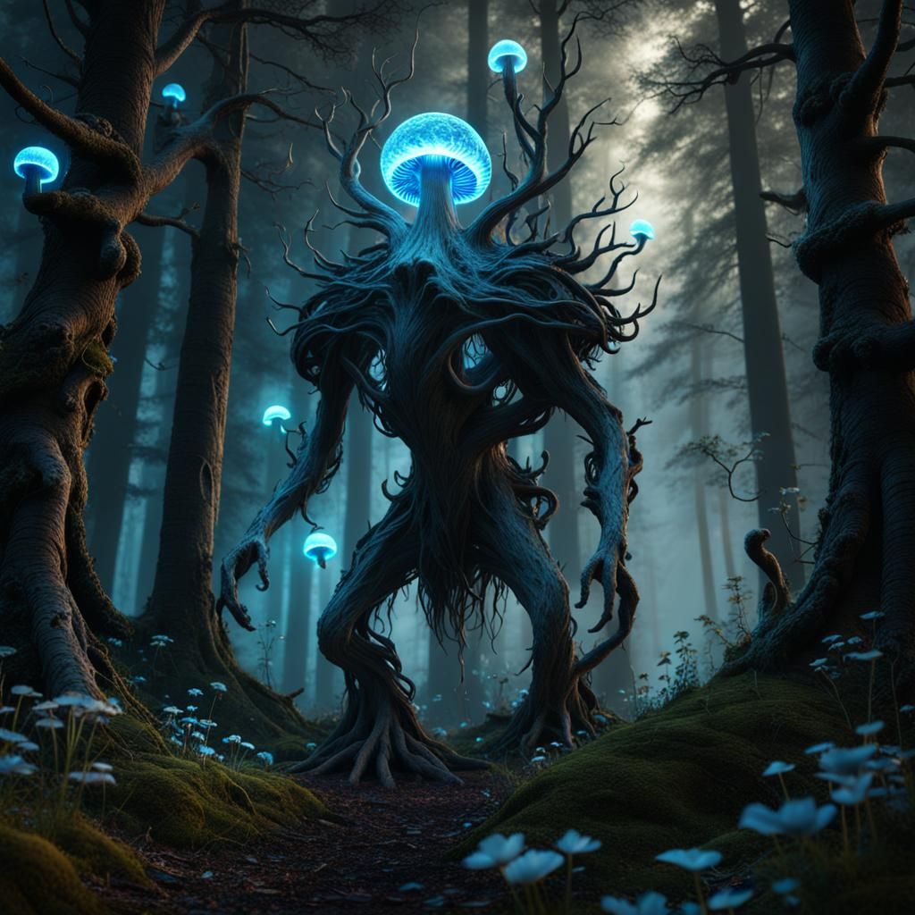 Bioluminescent Creature in Eerie Forest, Digital Art