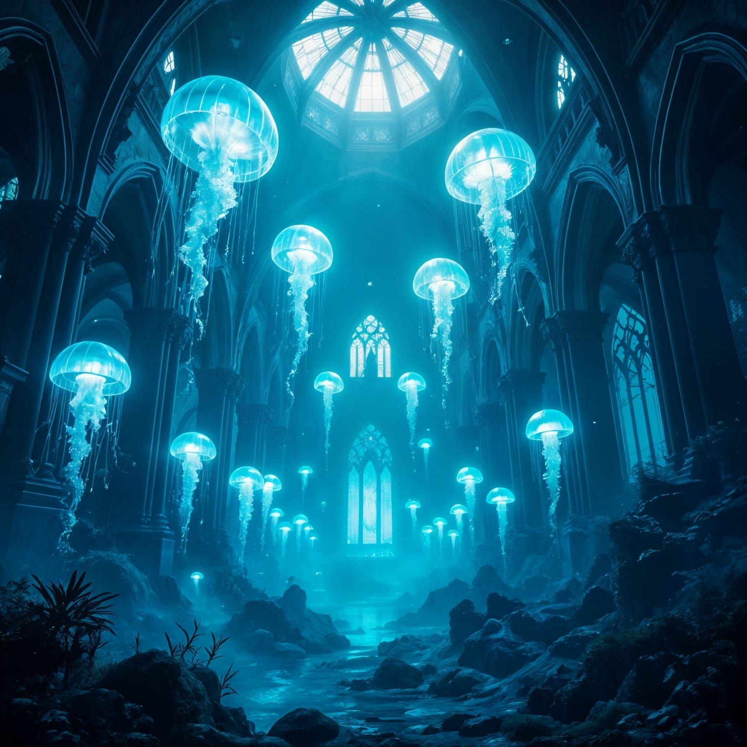 Underwater Neo-Gothic Cathedral Ruins in Dystopian Style