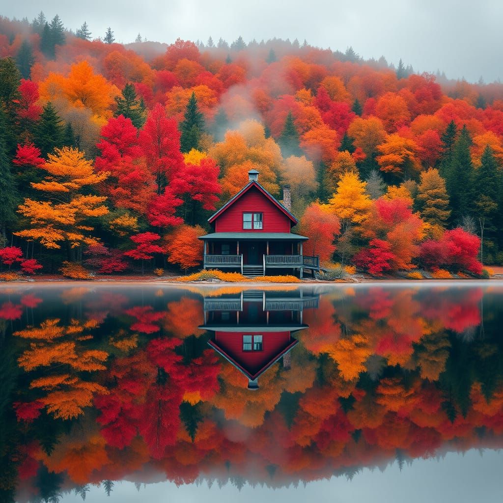 Hyper-Realistic Autumn Lakeside House Reflection