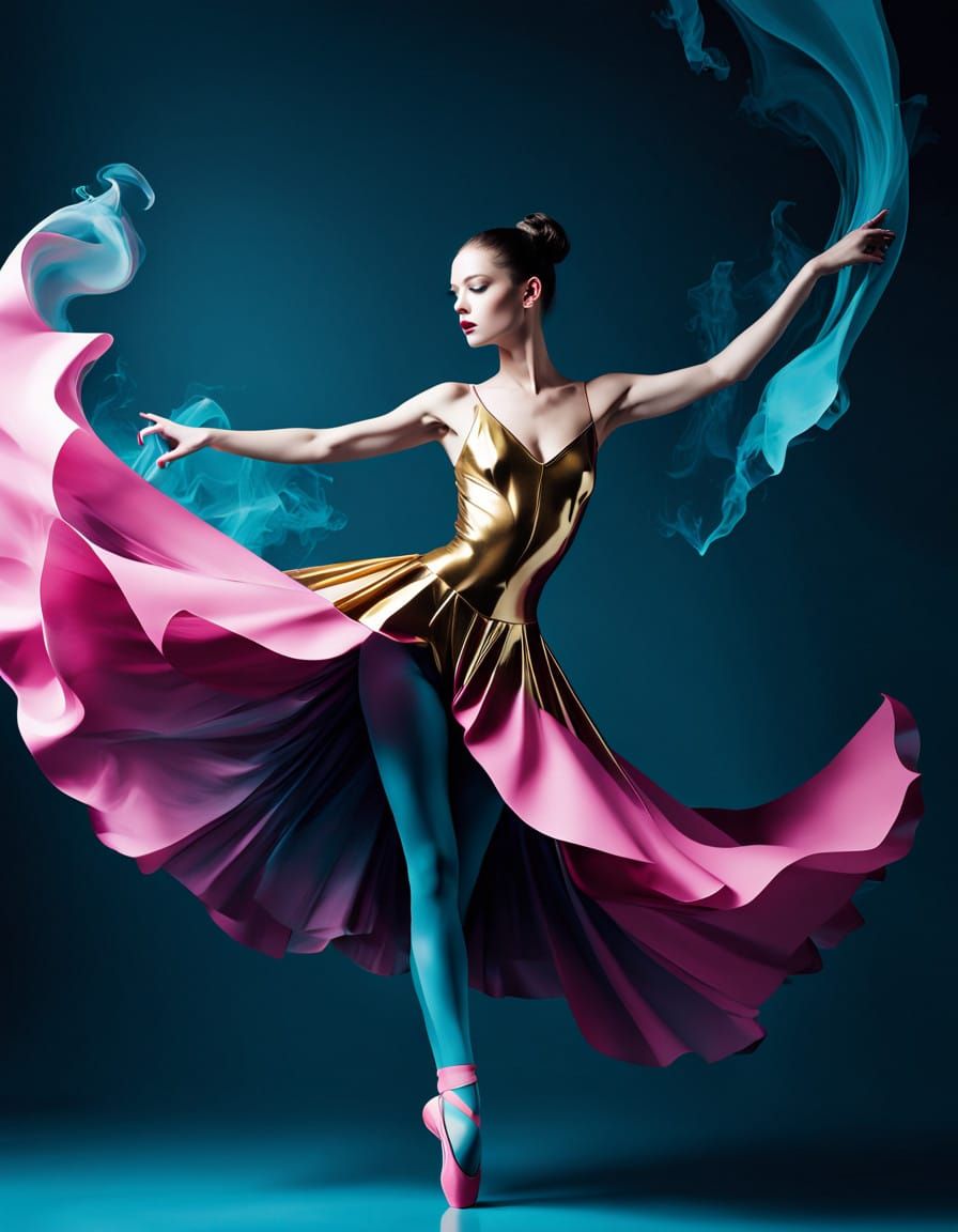 Ethereal Ballerina in Neon Hues and Geometric Patterns