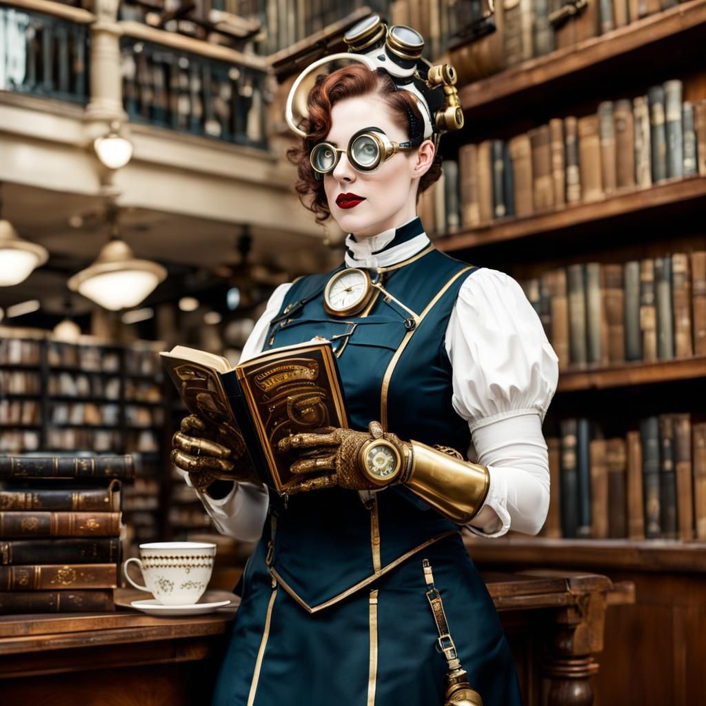 Steampunk Cyborg Librarian in Bookstore Cafe