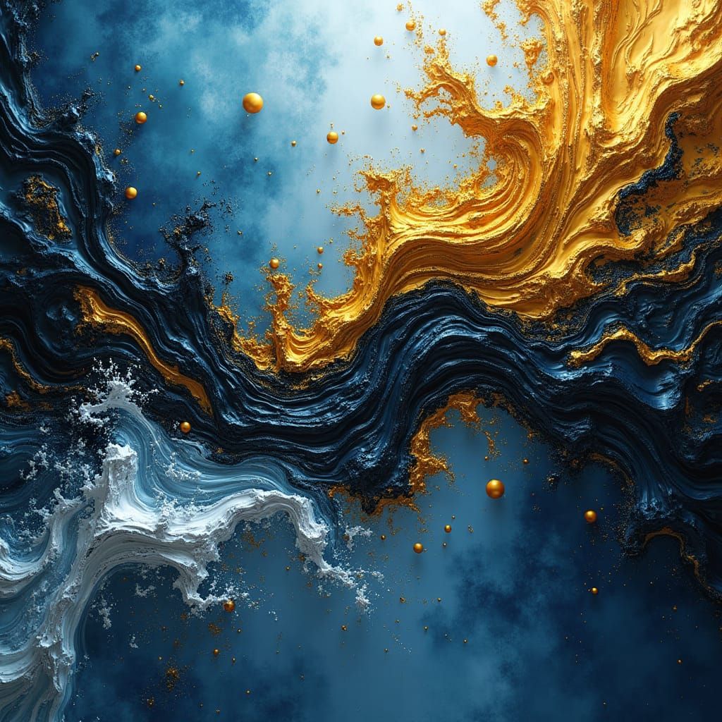 Abstract Gold, Black, Blue, and Silver Composition