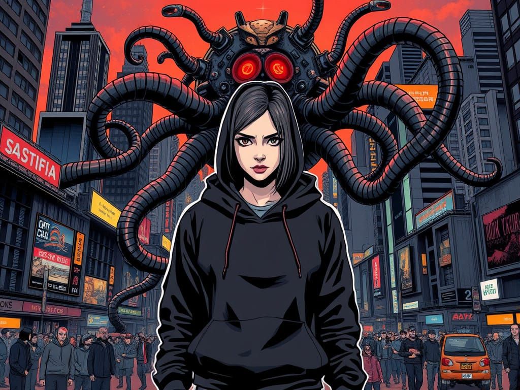 Cyberpunk Cityscape with Sinuous AI Tentacles