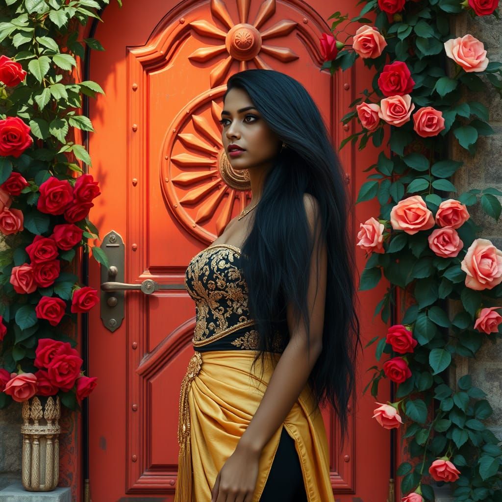 Elegant Tamil Indian Woman Stands Before Ornate Red-Orange D...