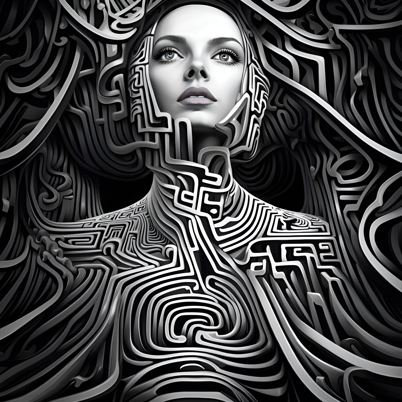 Woman in Complex Organic Maze Illustration