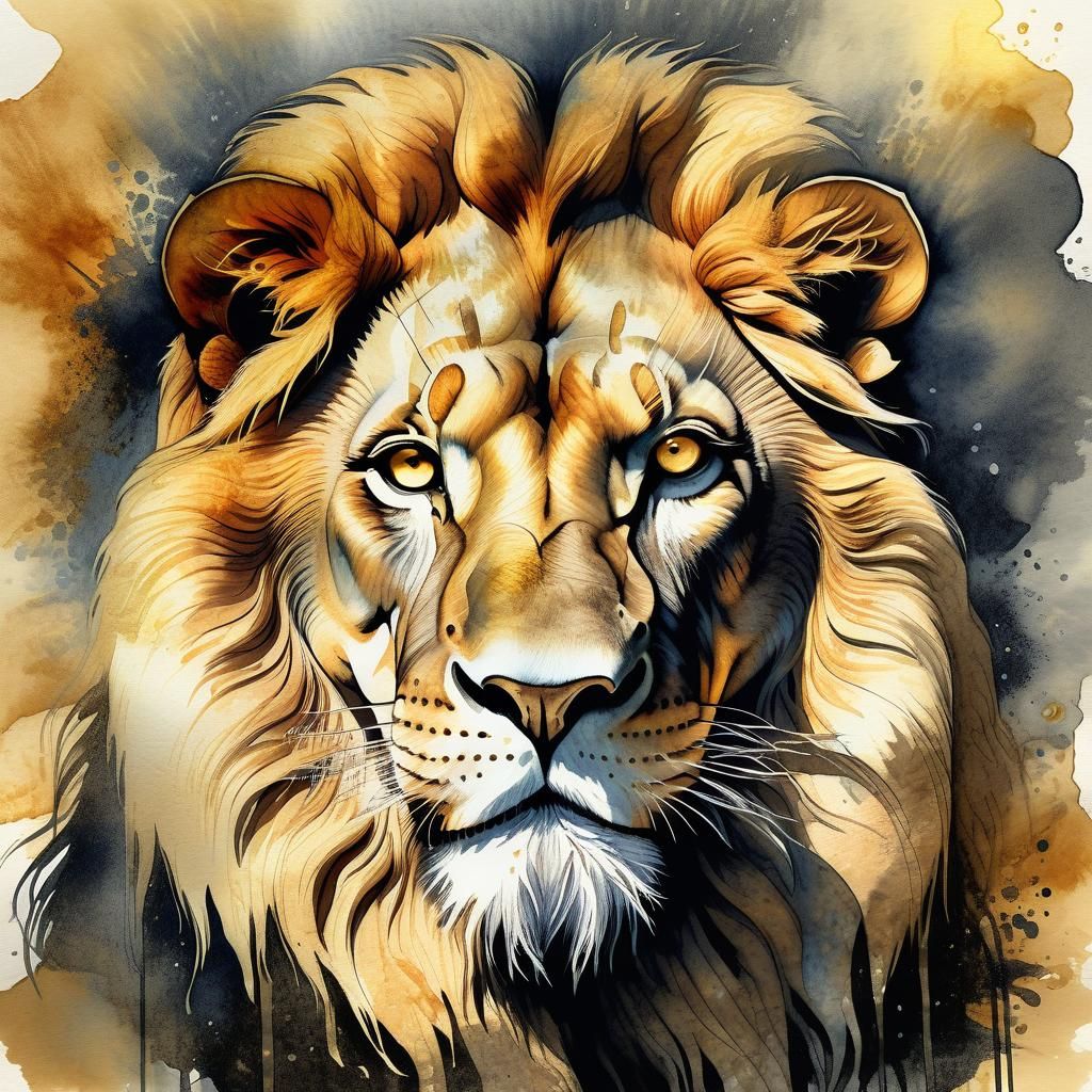 Surreal Gothic Lion Portrait with Metallic Watercolour