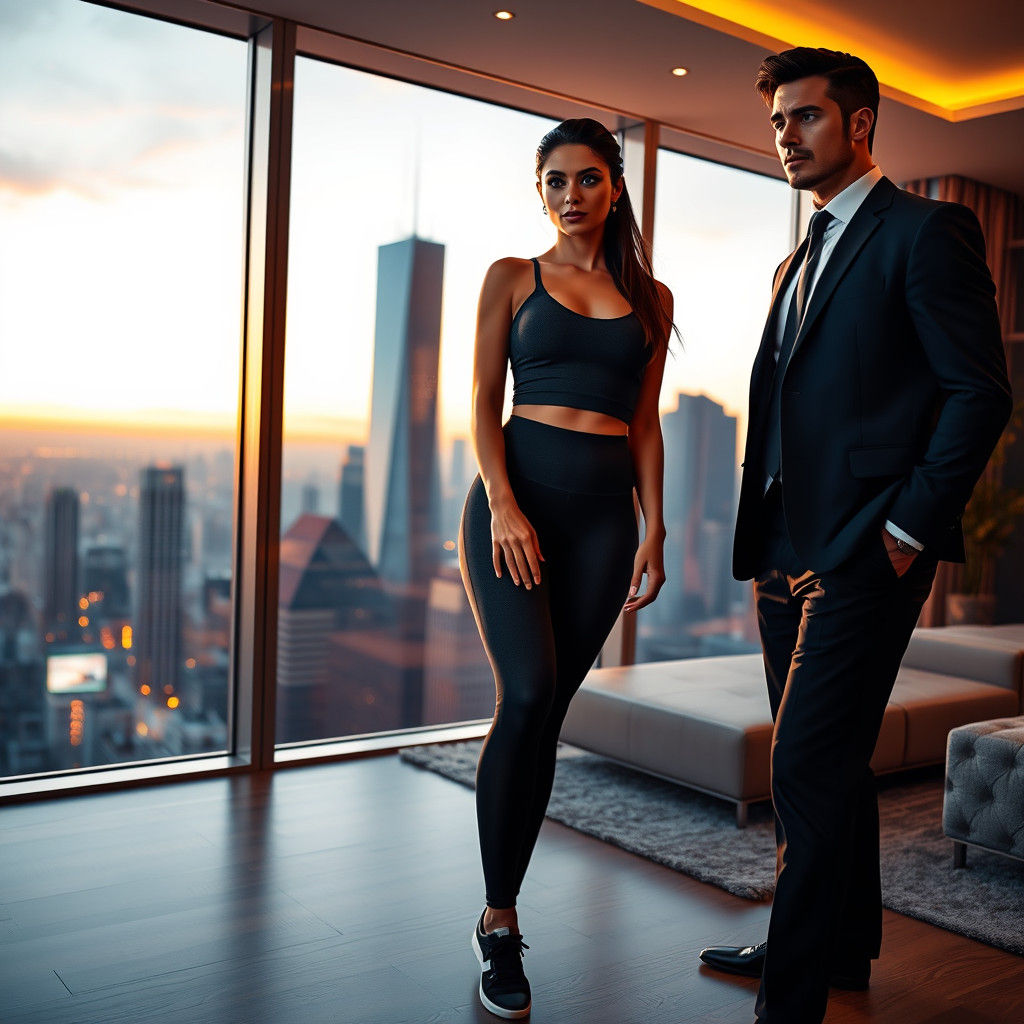 Sporty Woman and Suited Man in Modern Cityscape