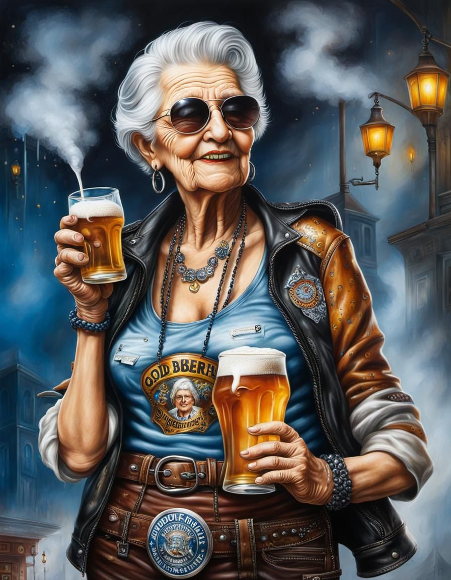 Punk grandma with beer and leather jacket