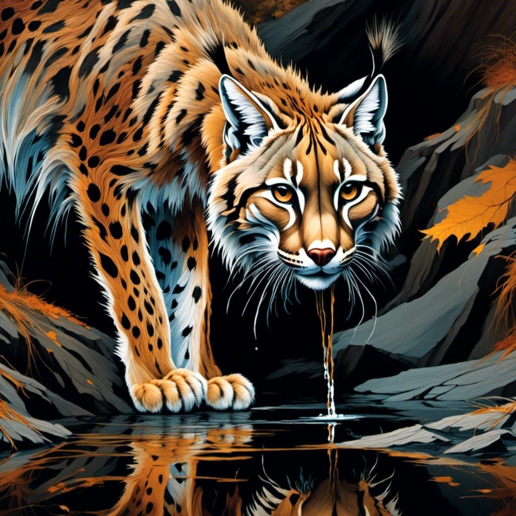 <lora:Woodsplash:1.0> Close up of a lynx crouched down by a mountain stream drinking water, late fall, beautiful fall co...