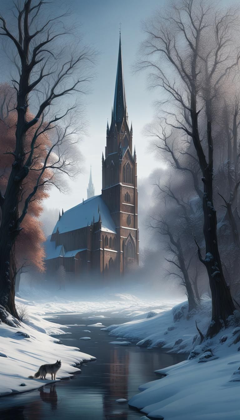 Wolves in Winter Landscape with Church