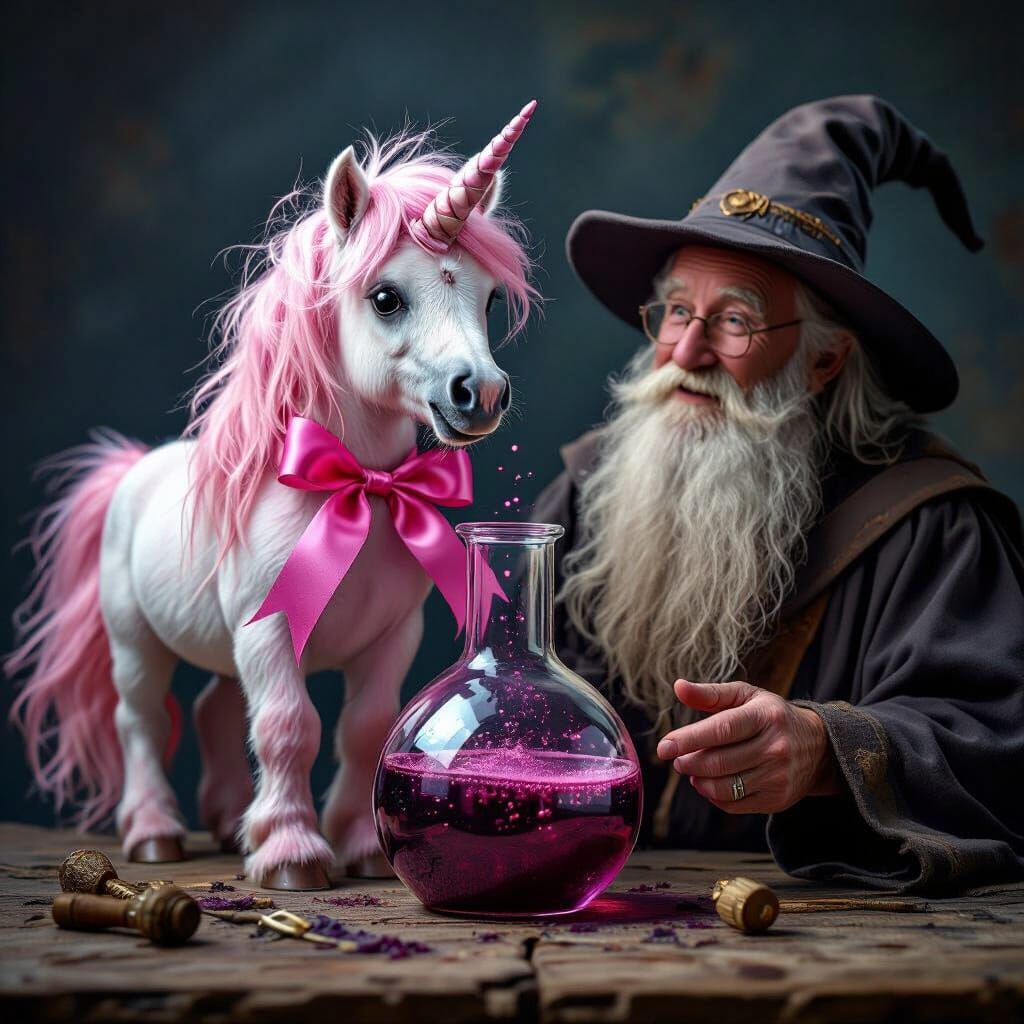 Pink Pony Potion Emerges from Wizard's Beaker in Hyperrealis...