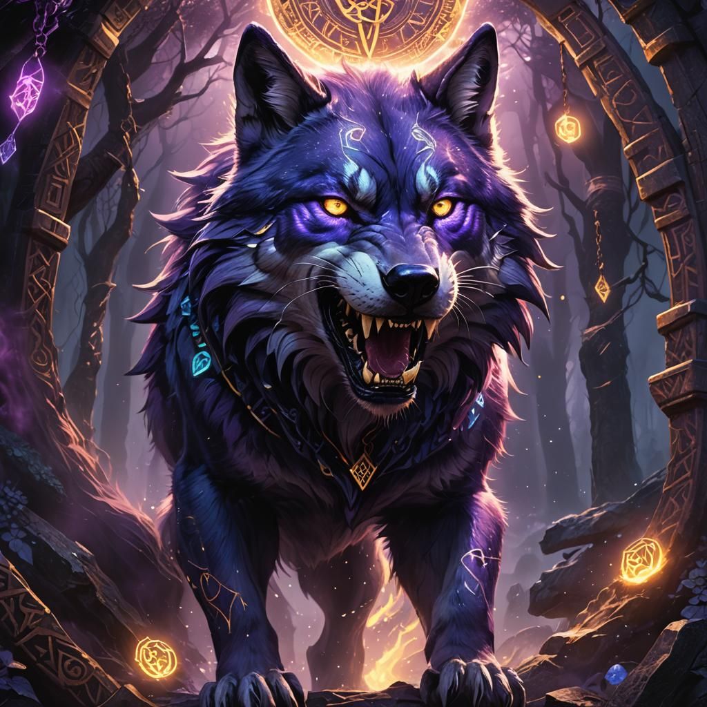 Mystical Purple Wolf Concept Art with Glowing Runes