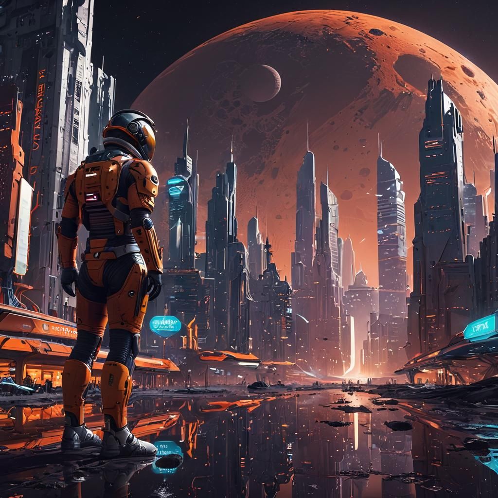 Futuristic Lunar Cityscape in Neon Digital Art