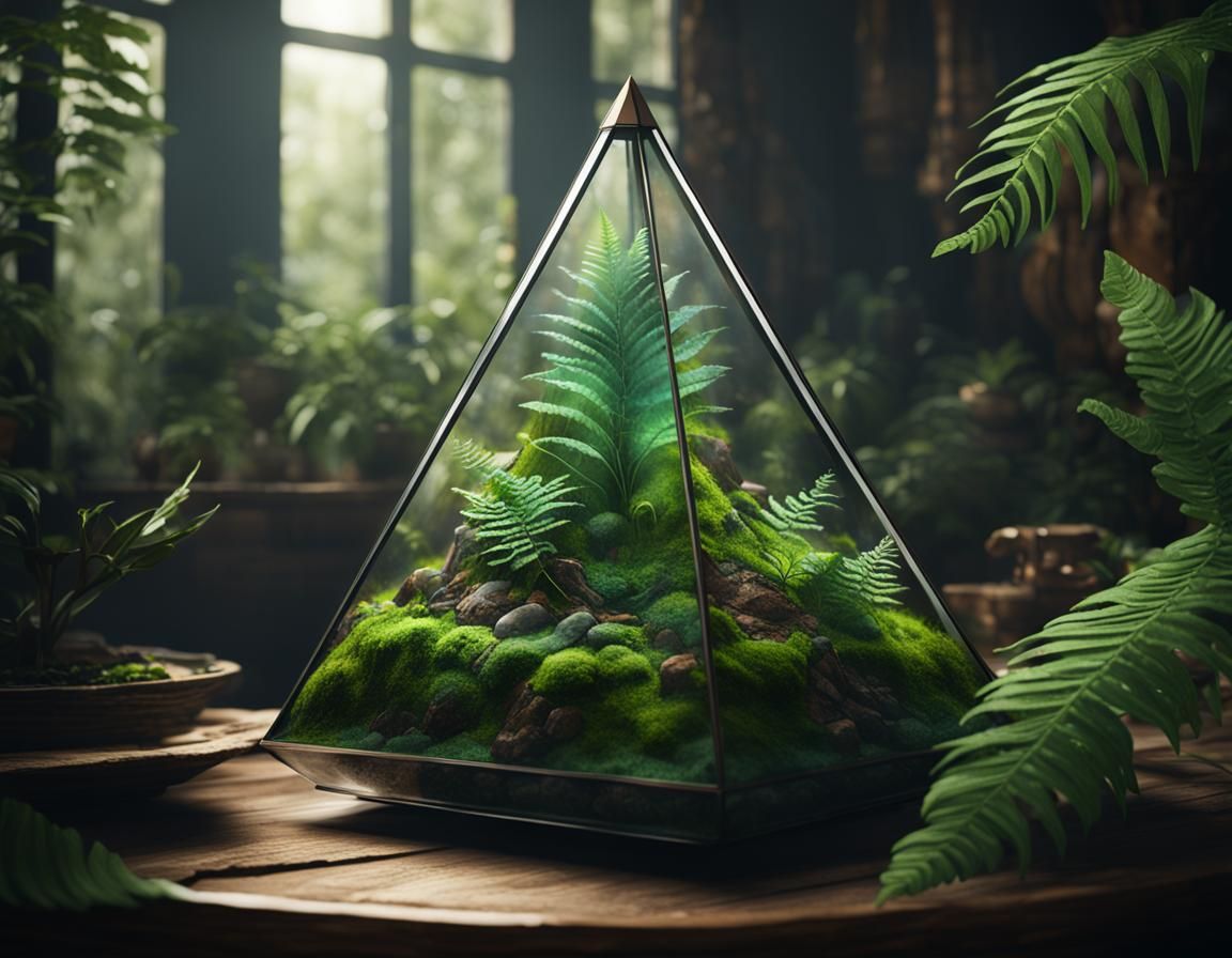 A pyramid-shaped glass terrarium with a fern inside