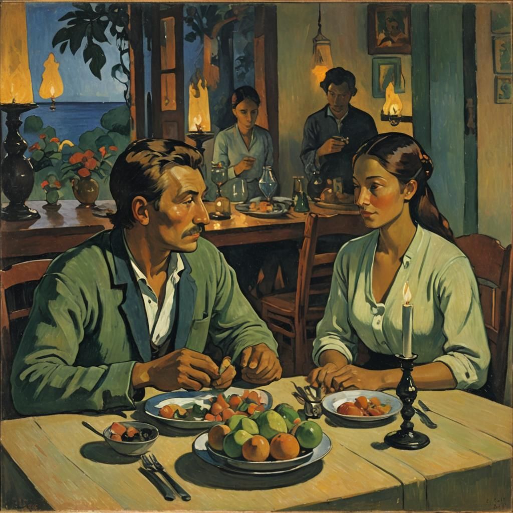 Romantic Dinner Scene in Paul Gauguin Style