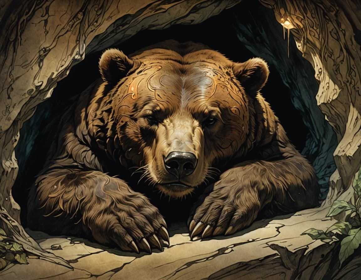 Sleeping Brown Bear with Glowing Tattoos in Art Nouveau Styl...
