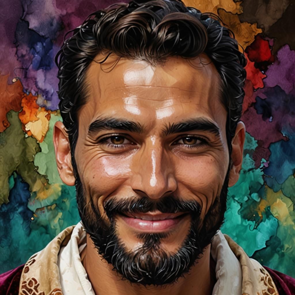 Handsome Gentleman in Red Velvet Robe, Alcohol Ink Style