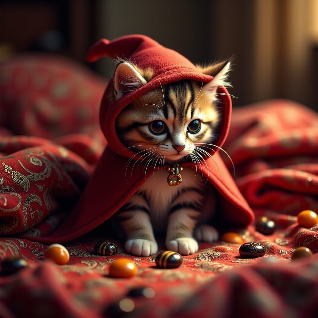 Kitten as Little Red Riding Hood with Candies