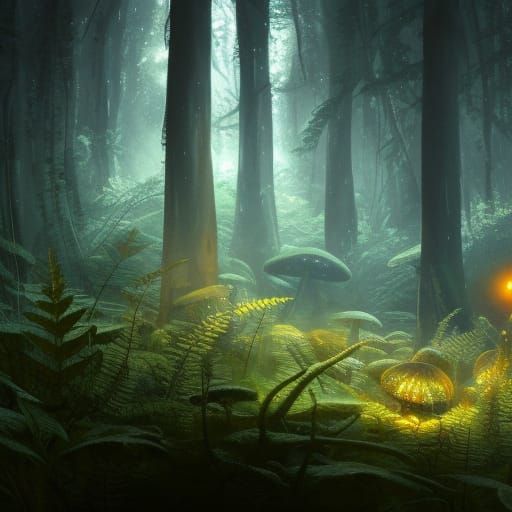 Glowing Mushrooms in Fantasy Forest, Detailed Art