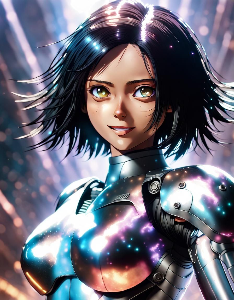 Smiling stunning Battle Angel Alita, stunning, something that even doesn't exist, breathtaking beauty, pure perfection, ...