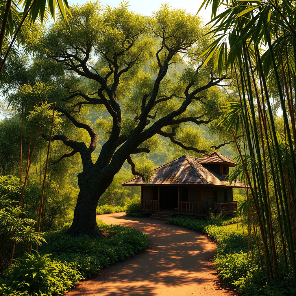 Indonesian House in Bamboo Forest: 8K Matte Painting