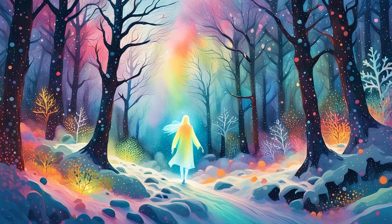 Ethereal Figure in Winter Forest: Abstract Expressionism