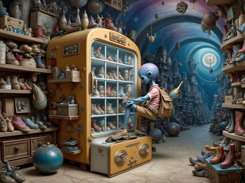 Alien Riding Typewriter Orbits Fridge to Galactic Shoe Shop