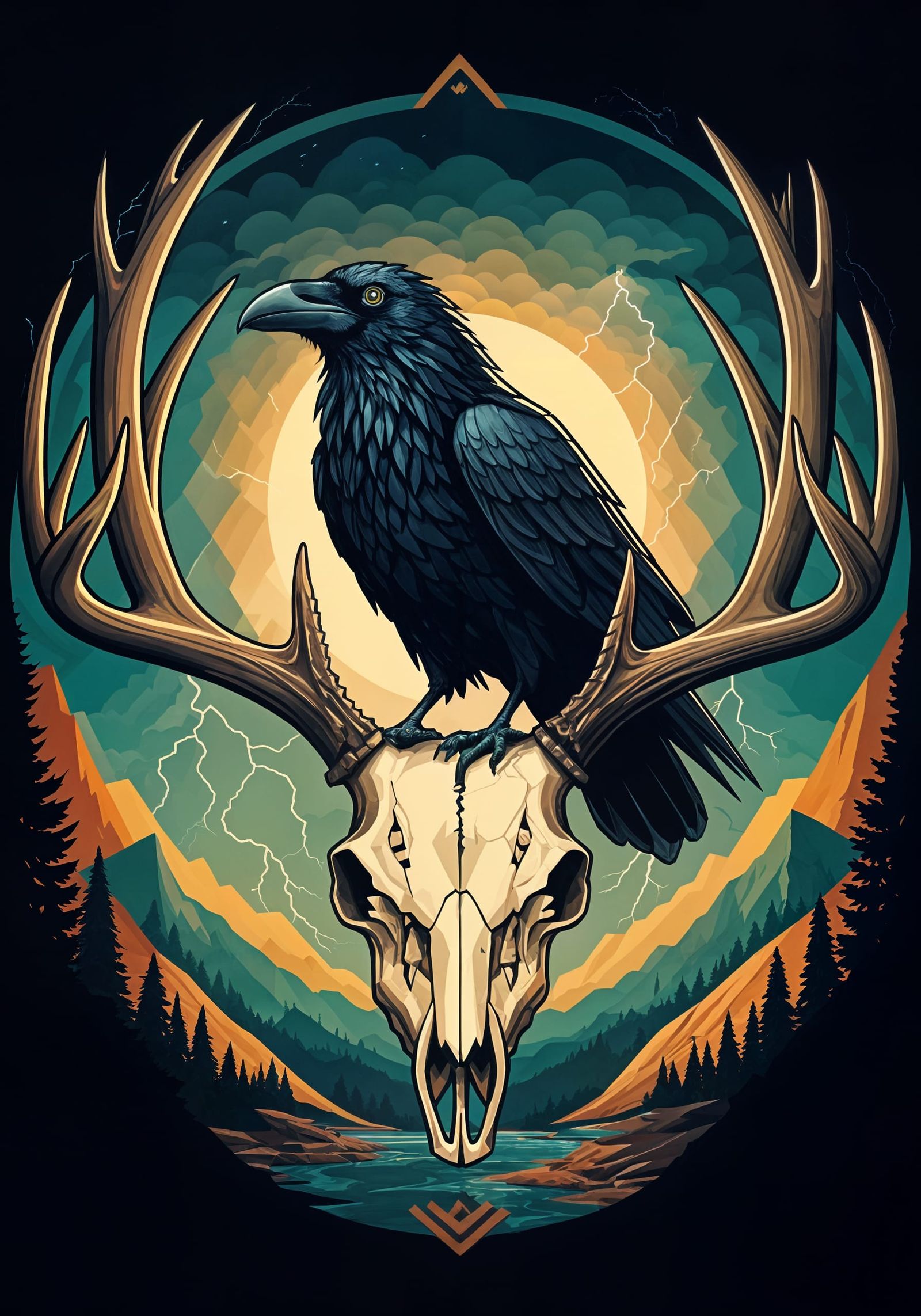 Majestic Raven on Ancient Mule Deer Skull in Geofolk Pop-Rev...