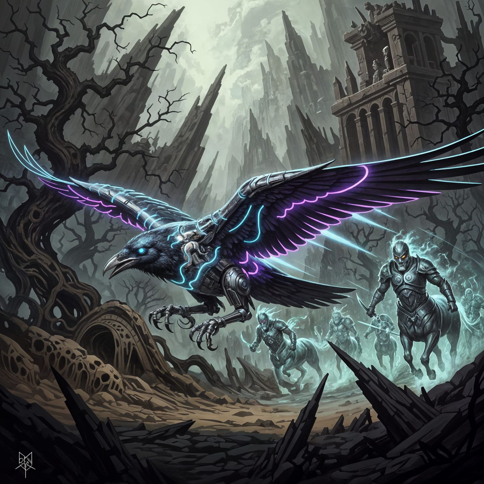 Futuristic Raven Pursued in Dark Fantasy Landscape